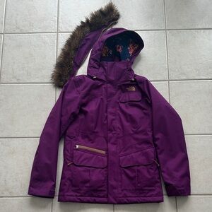 The North Face Purple Puffer Coat with Fur Trim